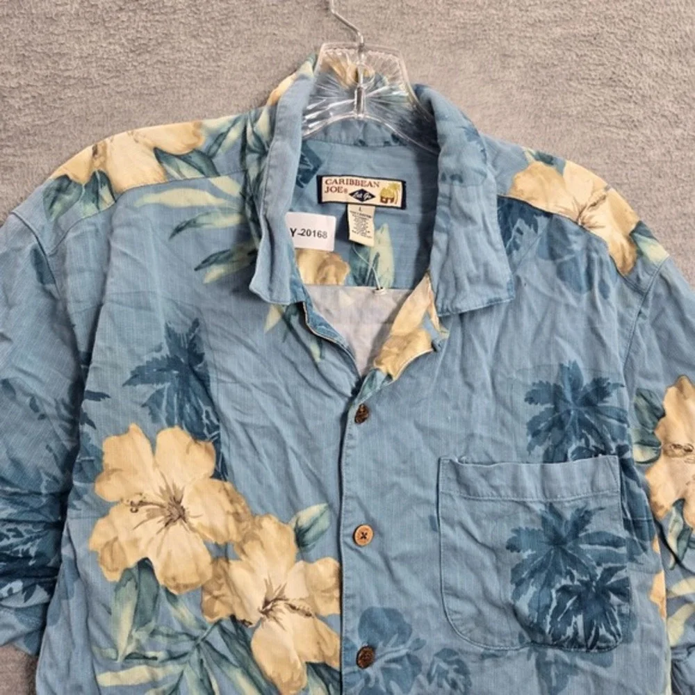 Caribbean‎ Joe Men Button Up Shirt Large Blue Floral Hawaiian Pocket Collar